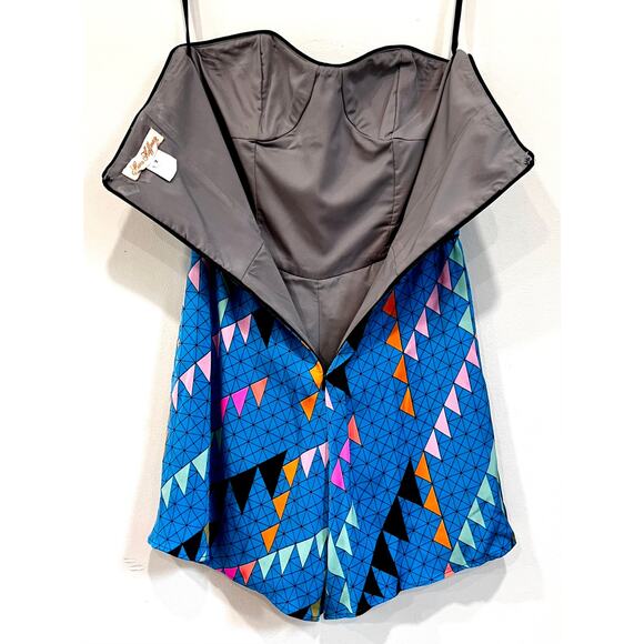 Size 2- MARA HOFFMAN Blue & Multi Silk Geometric Strapless Romper - Retail: $400 - Picture 3 of 6